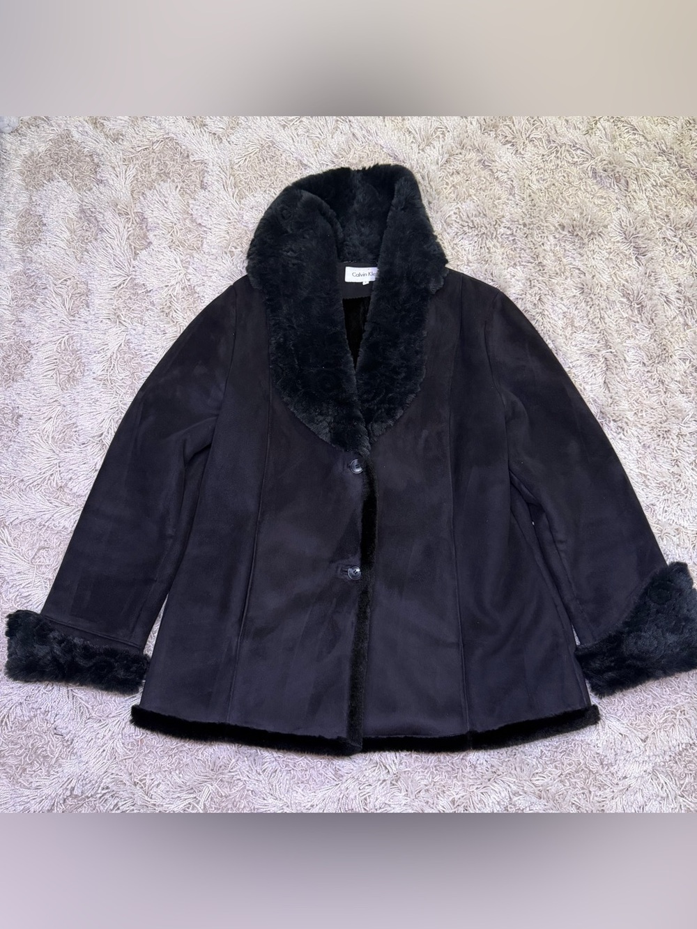 Calvin Klein Womens L Black Faux Shearling Coat Faux Fur Trim Jacket